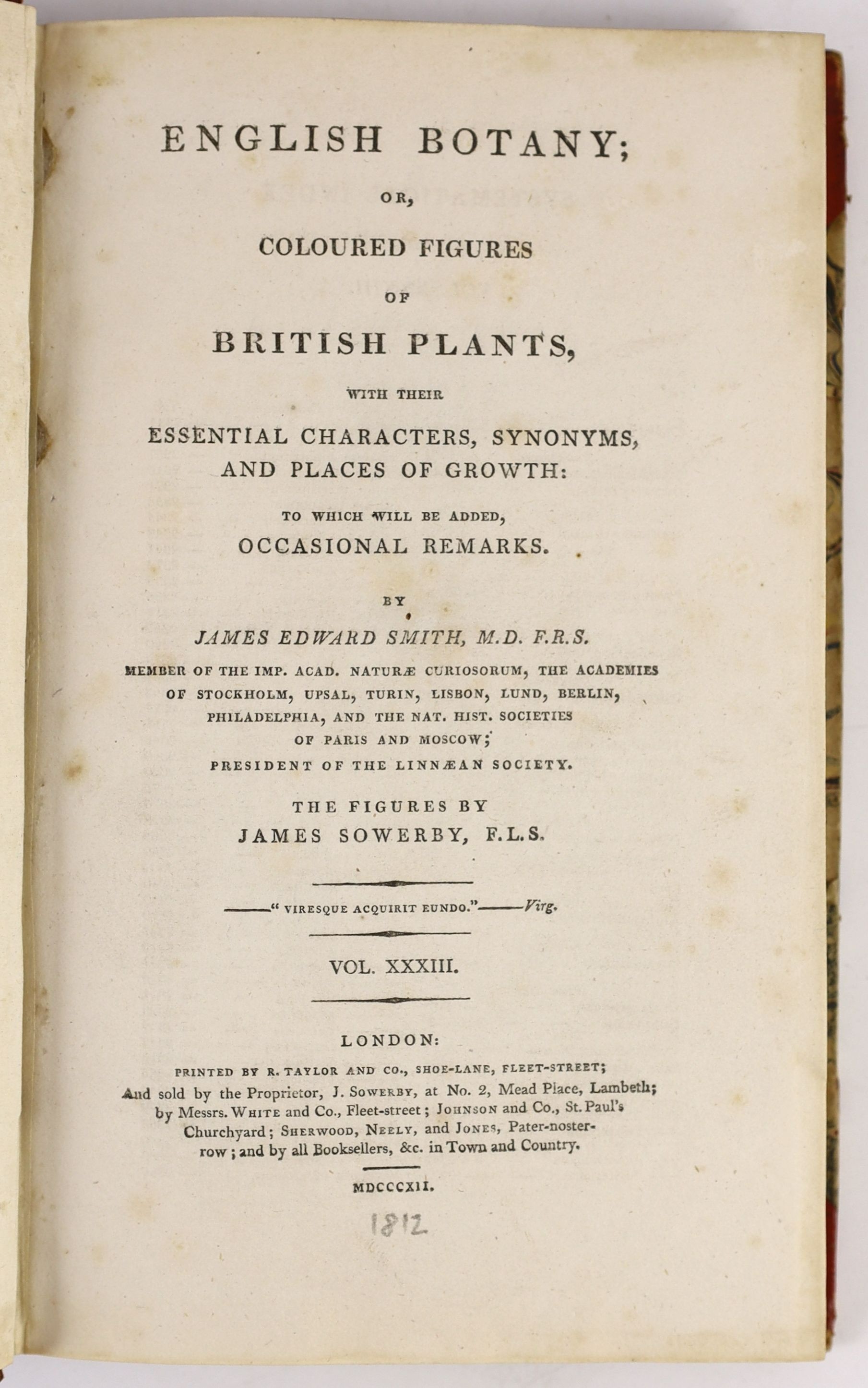 Sowerby, James - English Botany, vol. 33 only, 8vo, half calf, with 67 coloured plates, London, 1812; Pratt, Anne - The British Grasses and Sedges, vol. 7 only, 8vo, original cloth, with 33 coloured plates, London, c.186